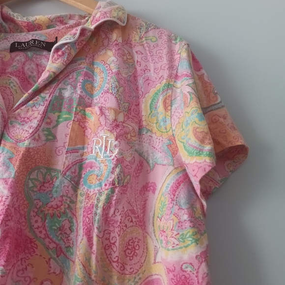 Lauren Ralph Lauren Paisley Button-Front Short Sleeve Pajama Top XL - Picture 3 of 7